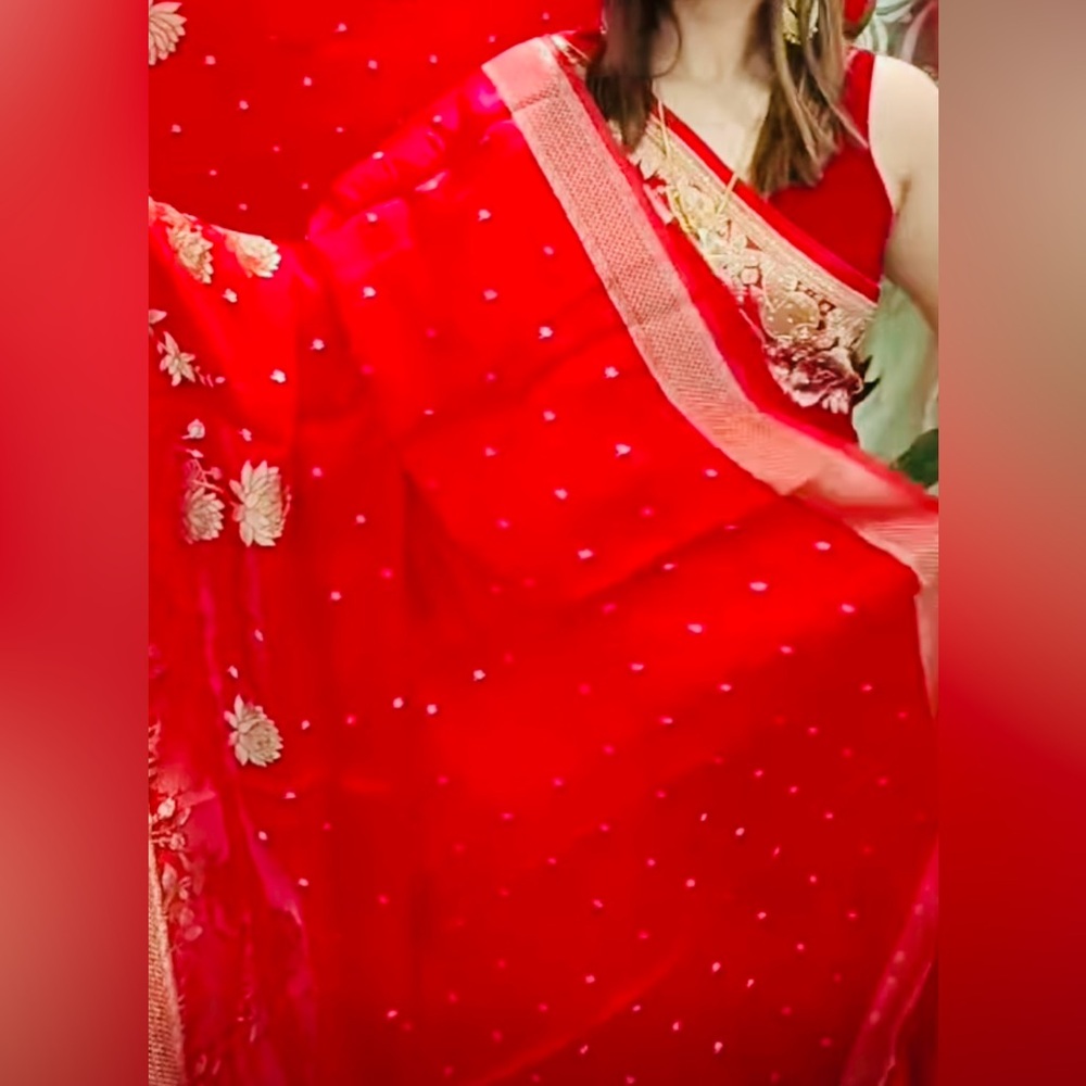 Red and Gold Embroidered silk sari with blouse